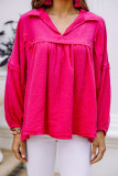Rose Crinkle Collared V-Neck Bubble Sleeve Flowy Blouse
