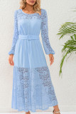 Lace Neckline Long Sleeves Maxi Dress With Sash