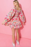 Pink Ruffle Tiered High Waist Puff Sleeve Floral Dress