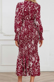 Printed Wrap V Neck Smocked Fishtail Hem Maxi Dress