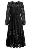 Lace Neckline Long Sleeves Maxi Dress With Sash
