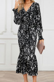 Printed Wrap V Neck Smocked Fishtail Hem Maxi Dress