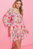 Pink Ruffle Tiered High Waist Puff Sleeve Floral Dress