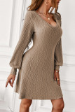 Beige Textured Knit V-Neck Bishop Sleeve Sweater Dress