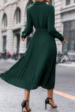 Dark Green Wrap V Neck Pleated Midi Dress With Sash