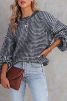 Gray Heathered Knit Drop Shoulder Puff Sleeve Sweater