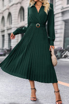 Dark Green Wrap V Neck Pleated Midi Dress With Sash