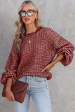 Red Heathered Knit Drop Shoulder Puff Sleeve Sweater