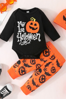 Pumpkin Print Baby Romper With Pants and Hat 3pcs Set
