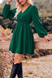 Puff Sleeves V Neck Elastic Waist Ruffle Hem Dress 