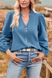 V Neck Button Puff Sleeves Top 