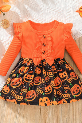 Pumpkin Print Buttoned Girl Dress