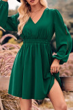 Puff Sleeves V Neck Elastic Waist Ruffle Hem Dress 