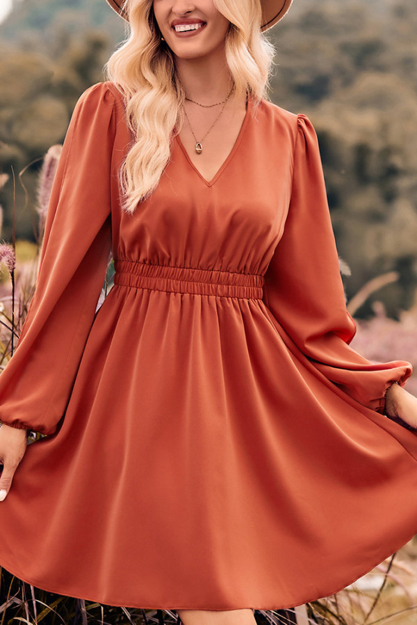 Puff Sleeves V Neck Elastic Waist Ruffle Hem Dress 