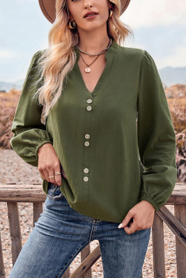 V Neck Button Puff Sleeves Top 