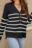 V Neck Button Down Striped Knit Sweater