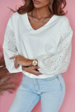 White V-neck Embroidered Patchwork Puff Sleeve Blouse