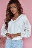 White V-neck Embroidered Patchwork Puff Sleeve Blouse