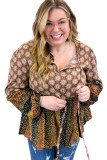 Brown Mix Floral Striped Ethnic Splicing Plus Size Blouse