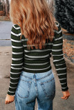 Green Striped Print Ribbed Knit Slim Fit Top