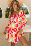 Multicolor Abstract Print Puff Sleeve Smocked Square Neck Dress