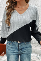 V Neck Color Block Button Cuff Rib Long Sleeves Top