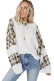 White Plaid Patch Waffle Knit Exposed Seam Bubble Sleeve Top