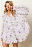 Purple Floral Print Pleated Flap Pocket Shirt