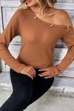 Brown One Shoulder Button Waffle Knit Long Sleeves Top