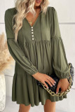 Green Lace Puff Sleeve Buttoned Tiered Ruffled Mini Dress