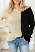 Khaki 2-tone Color Block Raw Edge V Neck Sweater