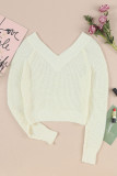 White Cropped V Neck Fuzzy Sweater