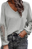 Gray Crochet Lace Patch Raglan Sleeve Top