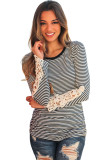 Black Stripe Lace Crochet Long Sleeve Top