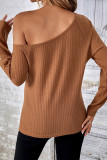 Brown One Shoulder Button Waffle Knit Long Sleeves Top