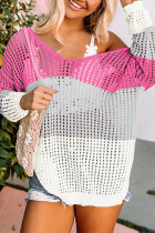 Pink Color Block Eyelet Long Sleeve Twisted Back Knit Top