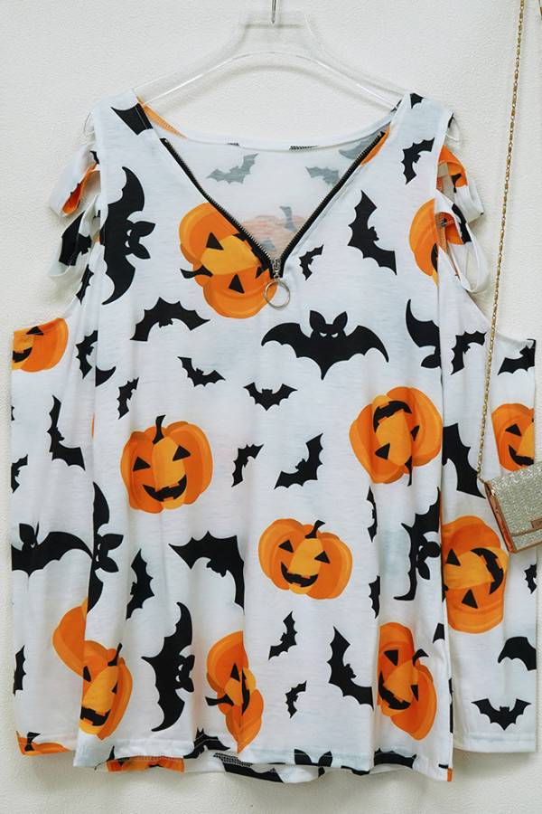 Halloween Print Zipper Down Hollow Out Long Sleeves Top