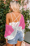 Pink Color Block Eyelet Long Sleeve Twisted Back Knit Top