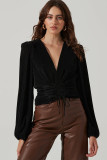 Black Pleated Drawstring Cinched Waist Bubble Sleeve Top