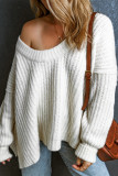 White Ribbed Knit Round Neck Slouchy Chunky Sweater