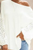 Plain Waffle Knit Embroidery Lace Sleeves Top