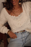 Beige Buttoned Lace Patchwork Hollow Knit Sweater