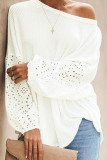 Plain Waffle Knit Embroidery Lace Sleeves Top