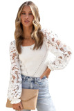 White Crochet Lace Sleeve Ribbed Knit Sweater