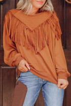 Brown Solid Color Chevron Fringe Loose Pullover Sweatshirt