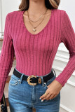 Pink V Neck Ribbed Knitting Top 