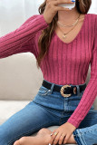 Pink V Neck Ribbed Knitting Top 