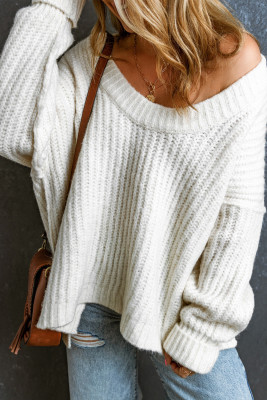 White Ribbed Knit Round Neck Slouchy Chunky Sweater