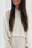 Apricot Ribbed Long Sleeve Drawstring Pants Set