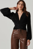 Black Pleated Drawstring Cinched Waist Bubble Sleeve Top